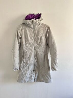 Arc'teryx Sylva Long Parka Light Gray Coat with Purple Hood Lining windstopper